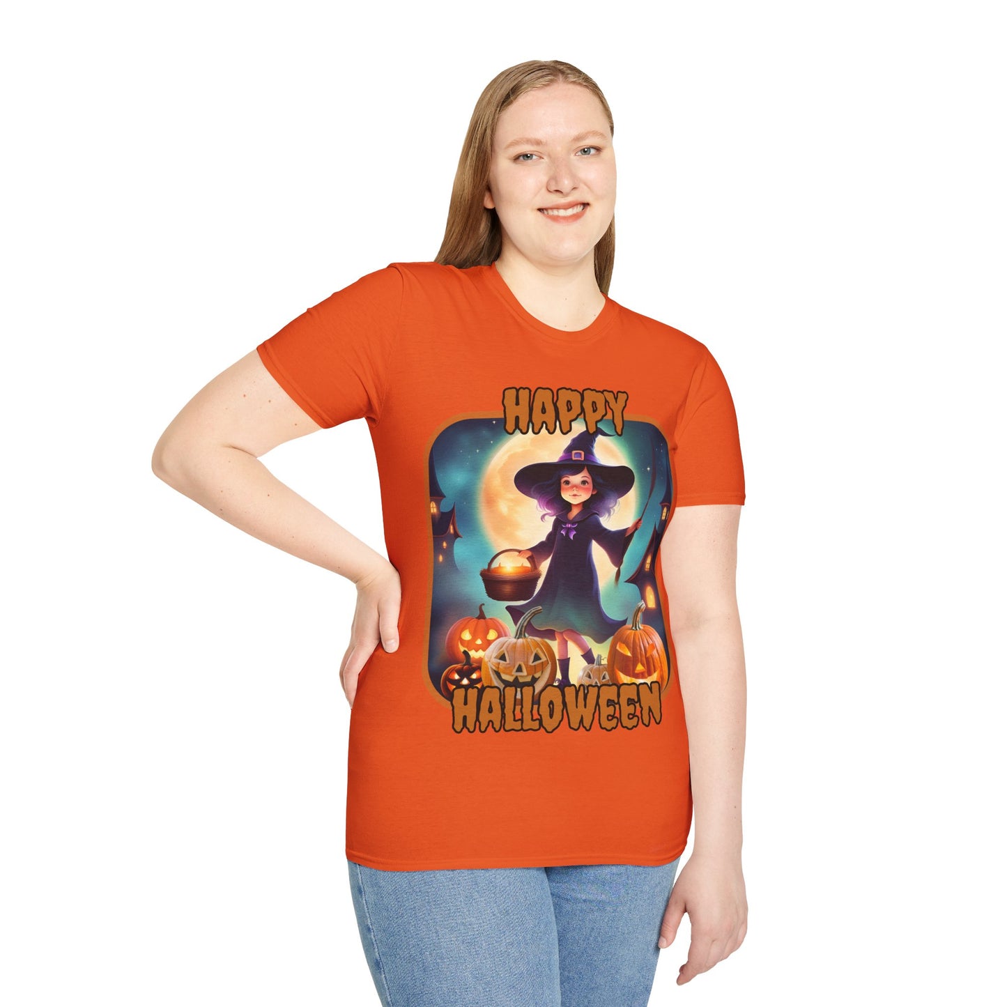 Happy Halloween Little Witch Orange font, Light colors, Unisex T-Shirt by CreepyCrafts.boo
