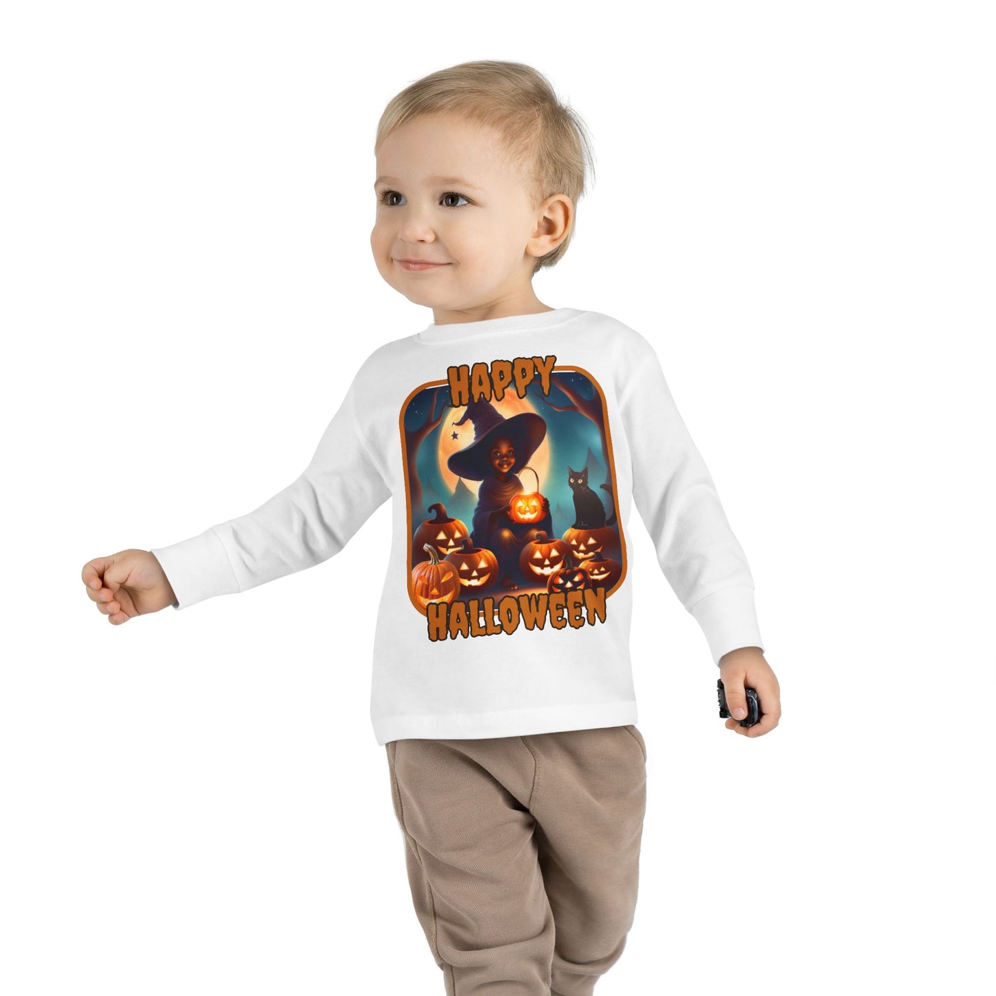 Happy Halloween Cute Witch Orange font Toddler Long Sleeve Tee by CreepyCrafts.boo