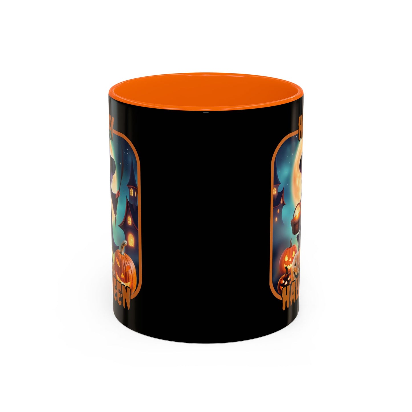 Happy Halloween Little Witch Orange font Black Accent Mug by CreepyCrafts.boo