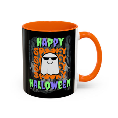 Spooky Happy Halloween Ghost Mixed font Black Accent Mug by CreepyCrafts.boo