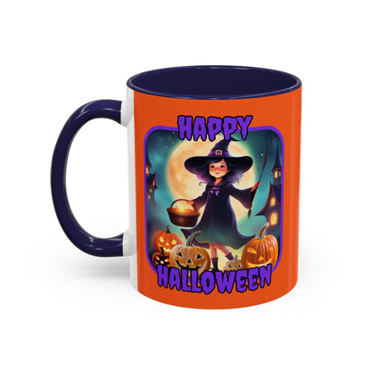 Happy Halloween Little Witch Purple font Orange Accent Mug by CreepyCrafts.boo