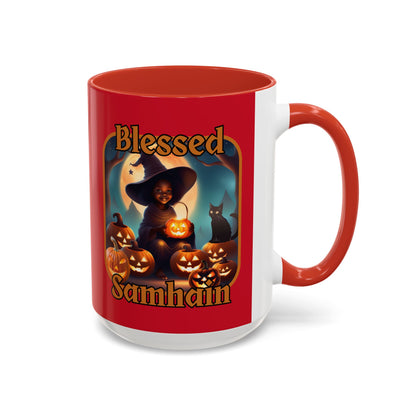 Blessed Samhain Cute Witch Orange font Red Accent Mug by CreepyCrafts.boo