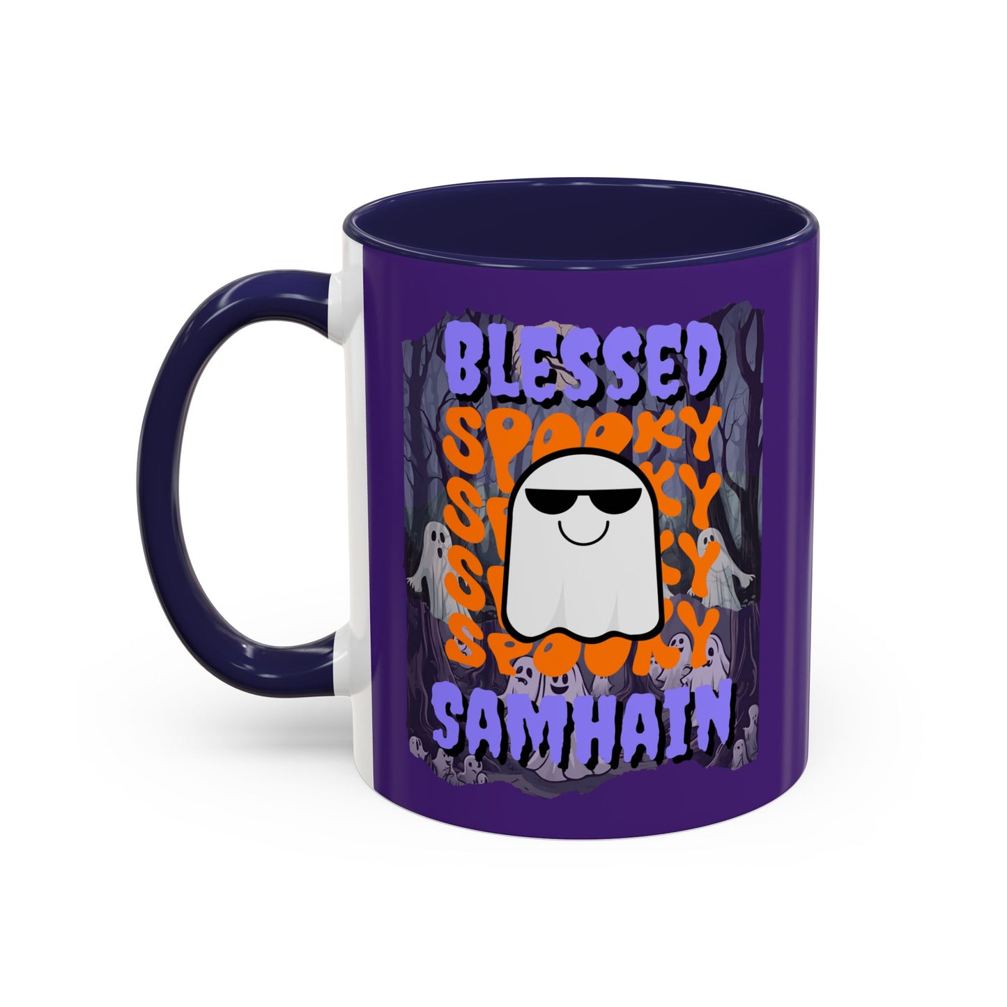 Spooky Blessed Samhain Ghost Purple font Accent Mug by CreepyCrafts.boo