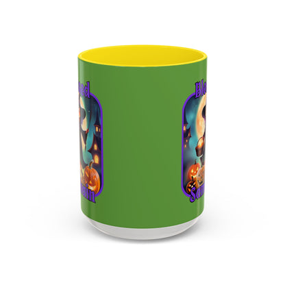 Blessed Samhain Little Witch Purple font Green Accent Mug by CreepyCrafts.boo