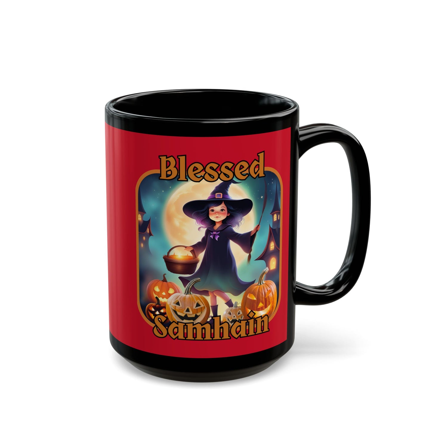 Blessed Samhain Little Witch Orange font Red Mug by CreepyCrafts.boo
