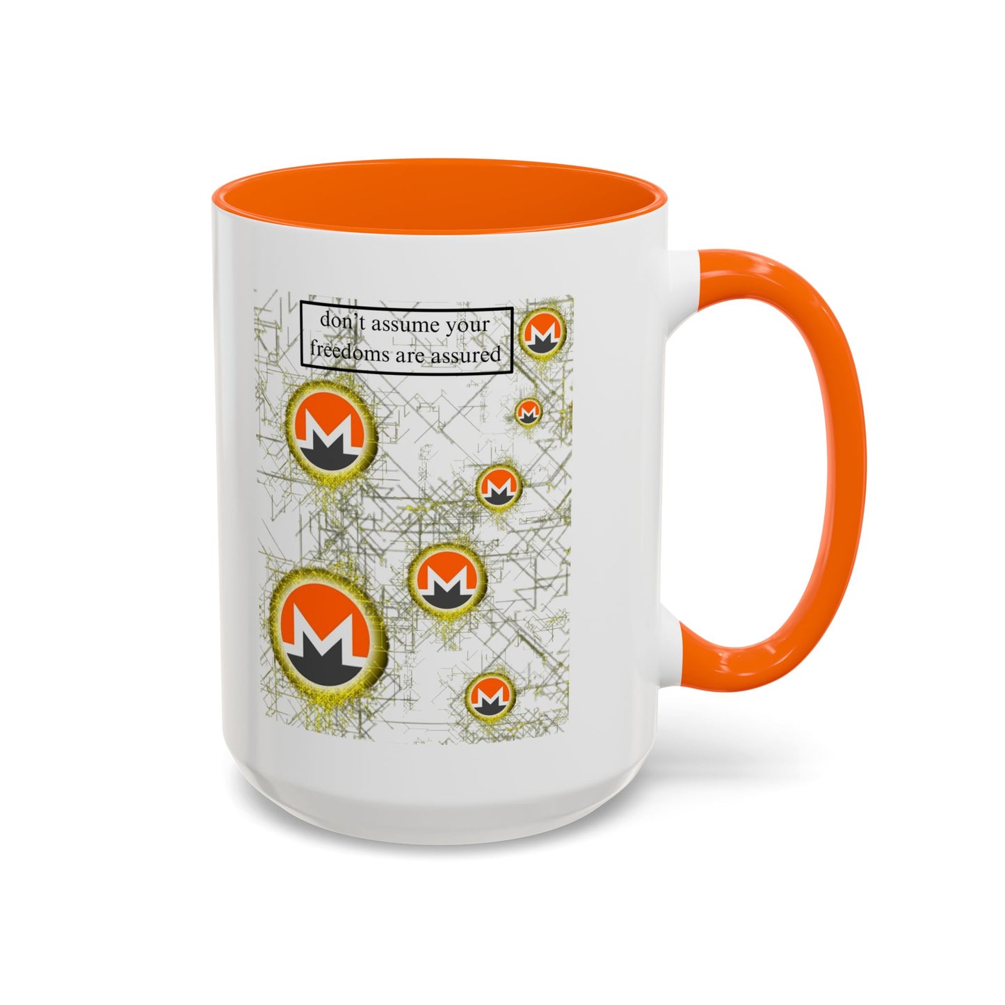 Monero (XMR) don't assume your freedoms are assured White Accent Mug by cypherpunkgear.com