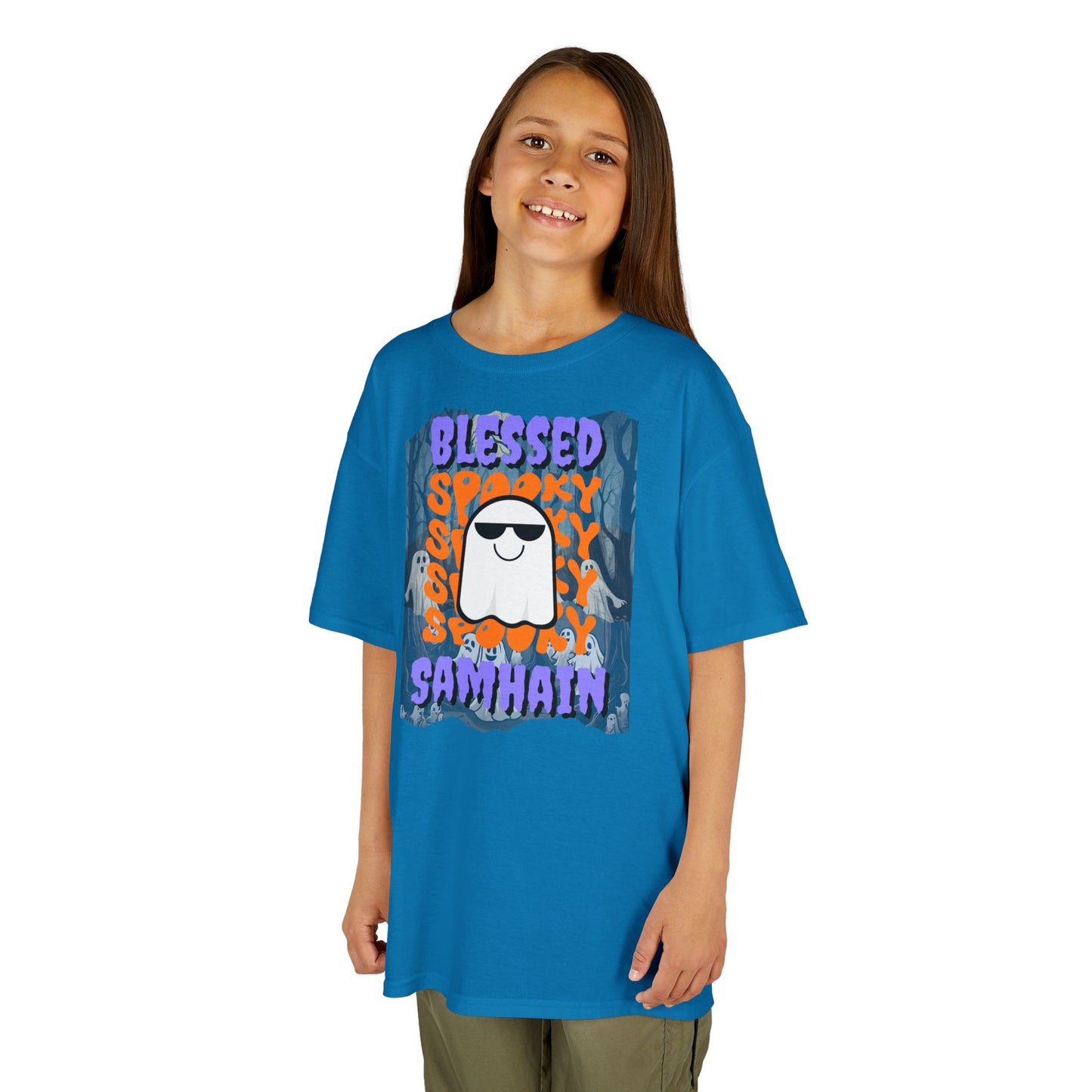 Spooky Blessed Samhain Ghost Purple font Kids Heavy Cotton™ Tee by CreepyCrafts.boo
