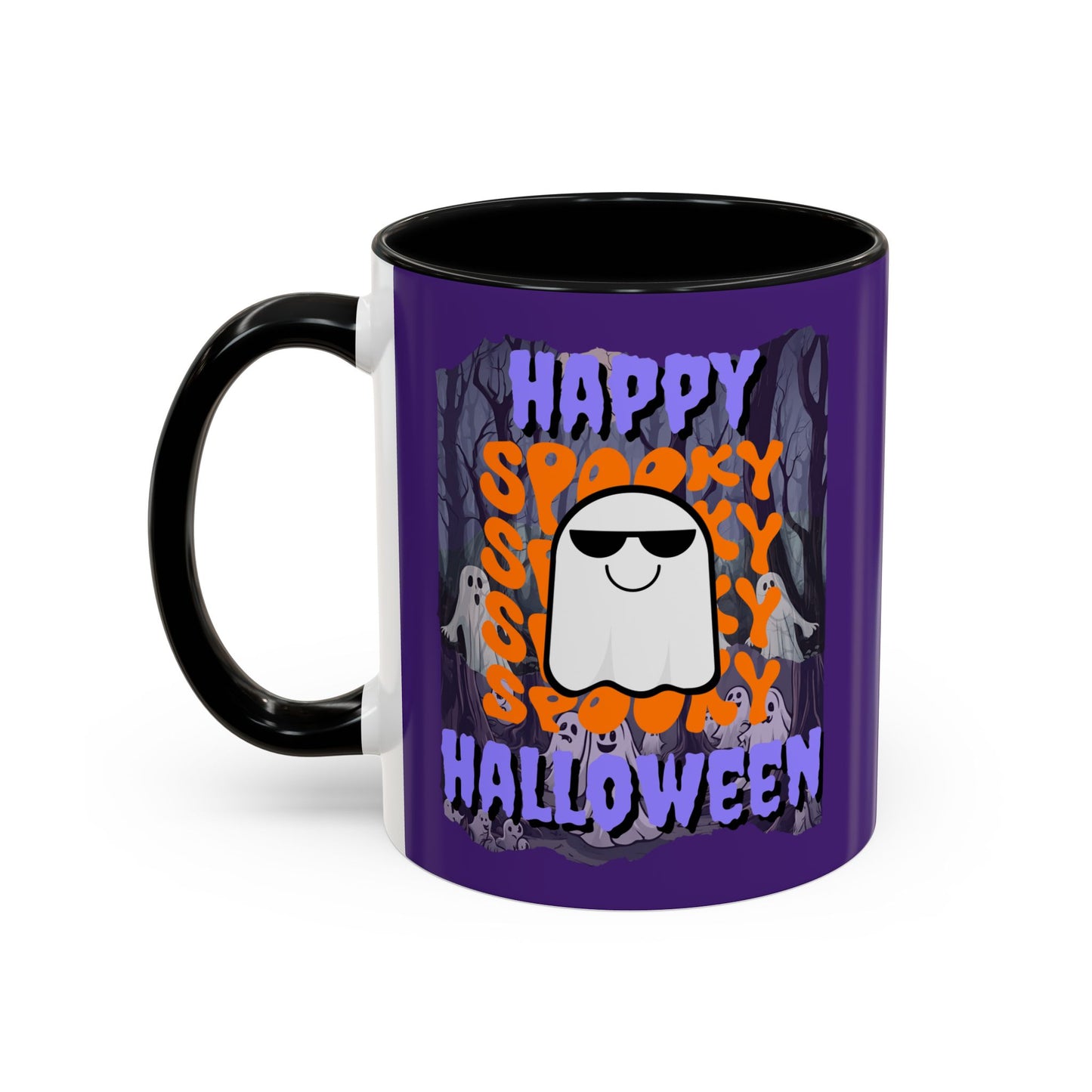 Spooky Happy Halloween Ghost Purple font Purple Accent Mug by CreepyCrafts.boo