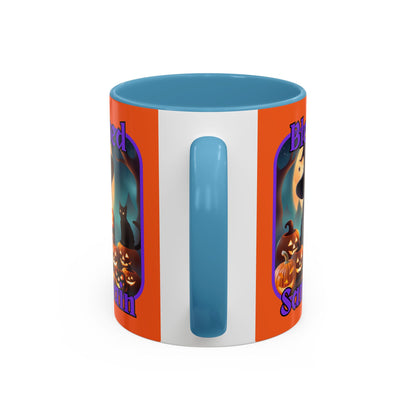 Blessed Samhain Cute Witch Purple font Orange Accent Mug by CreepyCrafts.boo