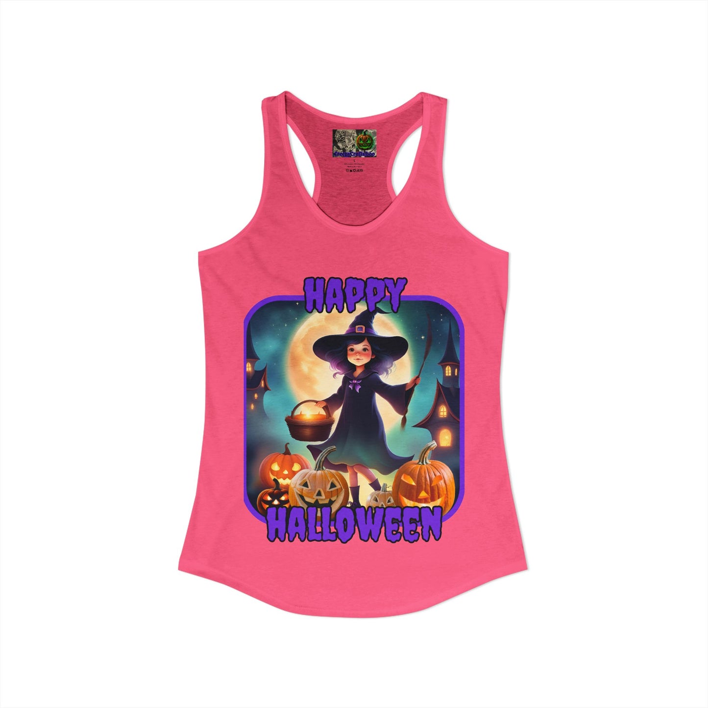 Happy Halloween Little Witch Purple font Women's Racerback Tank Top by CreepyCrafts.boo