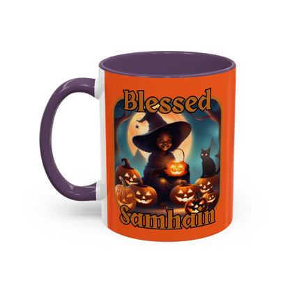 Blessed Samhain Cute Witch Orange font Orange Accent Mug by CreepyCrafts.boo