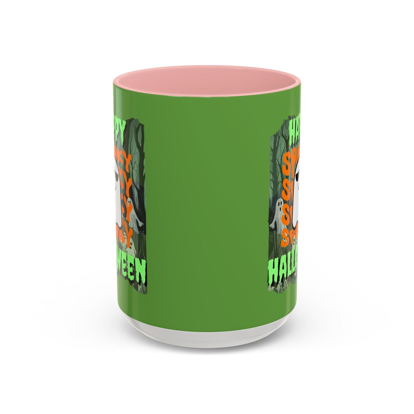 Spooky Happy Halloween Ghost Green font Green Accent Mug by CreepyCrafts.boo