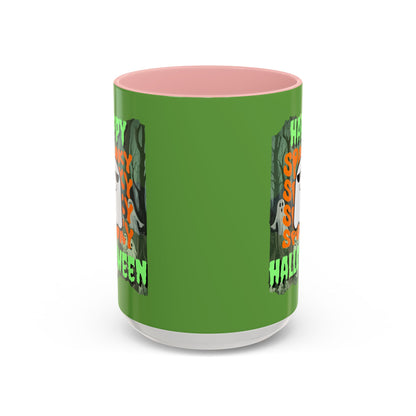 Spooky Happy Halloween Ghost Green font Green Accent Mug by CreepyCrafts.boo
