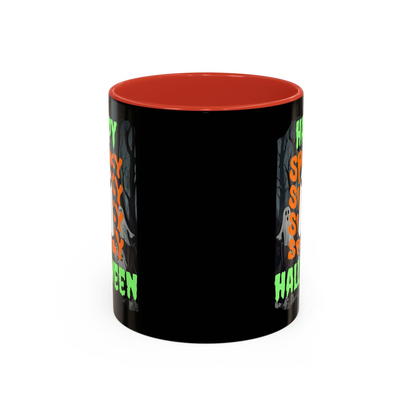 Spooky Happy Halloween Ghost Green font Black Accent Mug by CreepyCrafts.boo