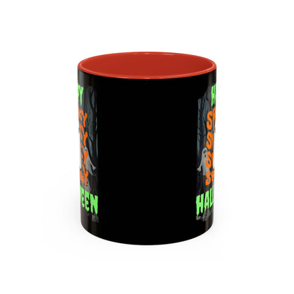 Spooky Happy Halloween Ghost Green font Black Accent Mug by CreepyCrafts.boo