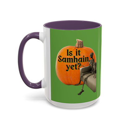 Is It Samhain Yet? Skeleton's Giant Pumpkin Green Accent Mug by CreepyCrafts.boo