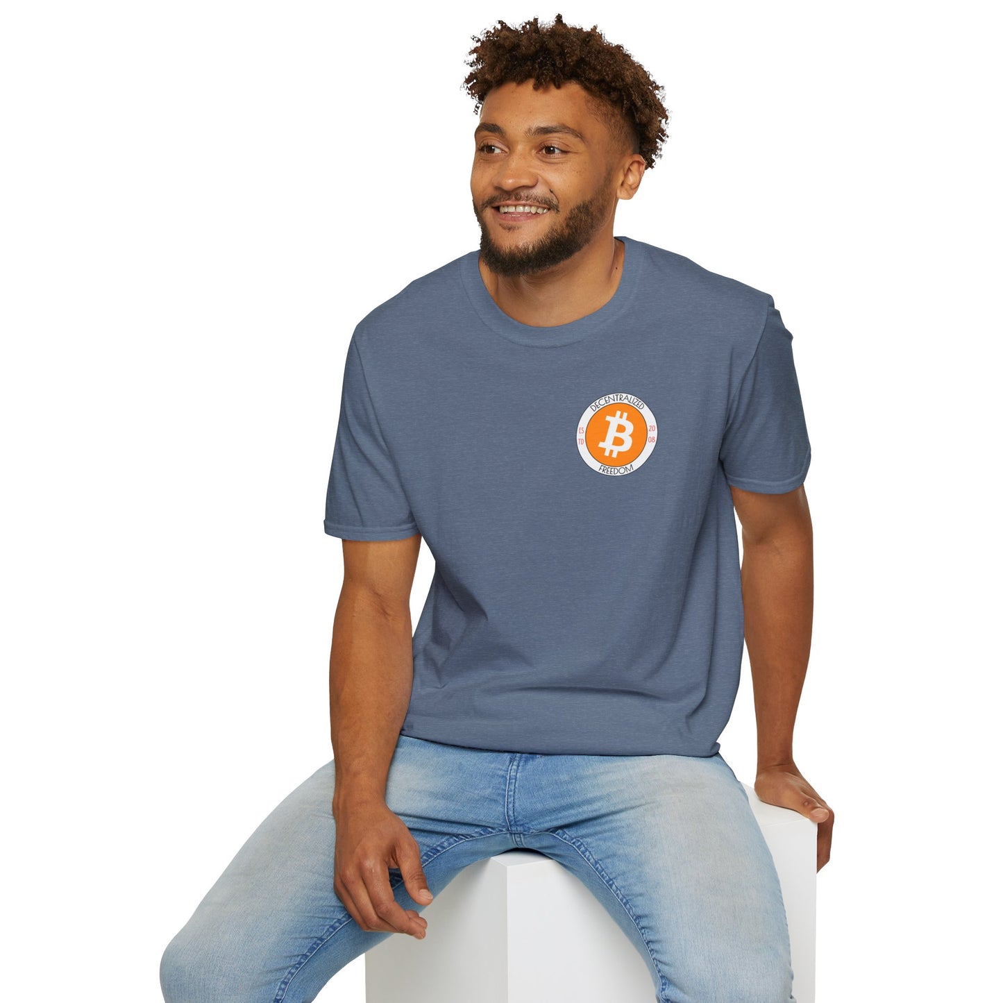 2-sided Bitcoin (BTC) Decentralized Freedom DKcolors Unisex T-Shirt by cypherpunkgear