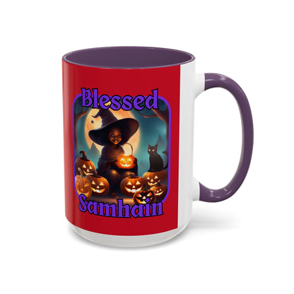 Blessed Samhain Cute Witch Purple font Red Accent Mug by CreepyCrafts.boo