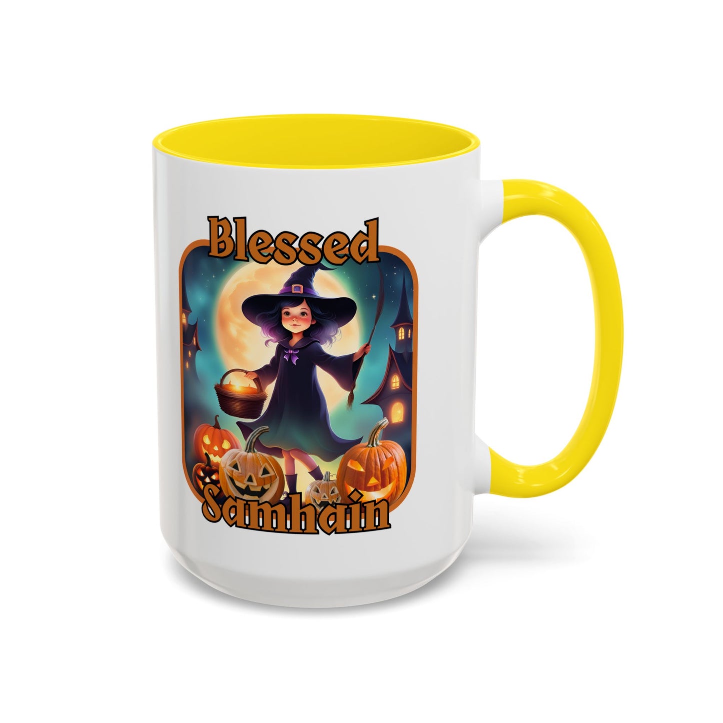 Blessed Samhain Little Witch Orange font White Accent Mug by CreepyCrafts.boo