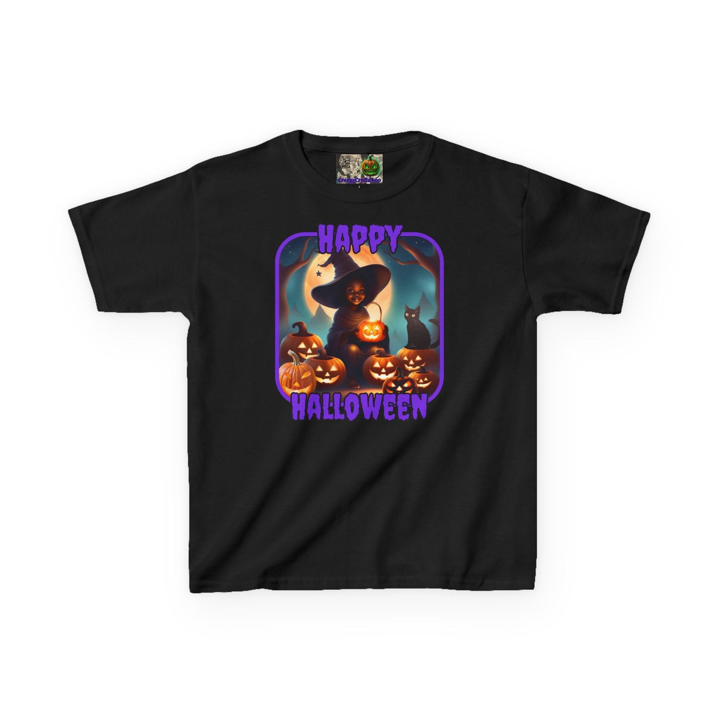 Happy Halloween Cute Witch Purple font Kids Heavy Cotton™ Tee by CreepyCrafts.boo