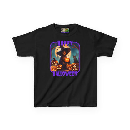 Happy Halloween Cute Witch Purple font Kids Heavy Cotton™ Tee by CreepyCrafts.boo