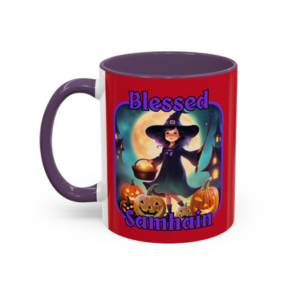 Blessed Samhain Little Witch Purple font Red Accent Mug by CreepyCrafts.boo