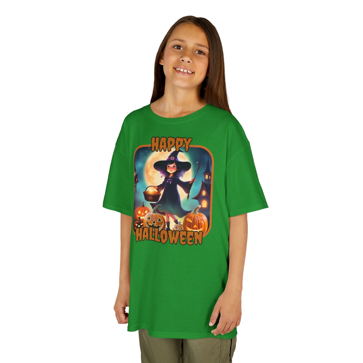 Happy Halloween Little Witch Orange font Kids Heavy Cotton™ Tee by CreepyCrafts.boo