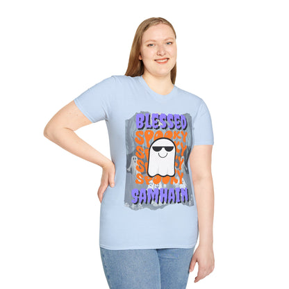 Spooky Blessed Samhain Ghost Purple font Unisex T-Shirt by CreepyCrafts.boo