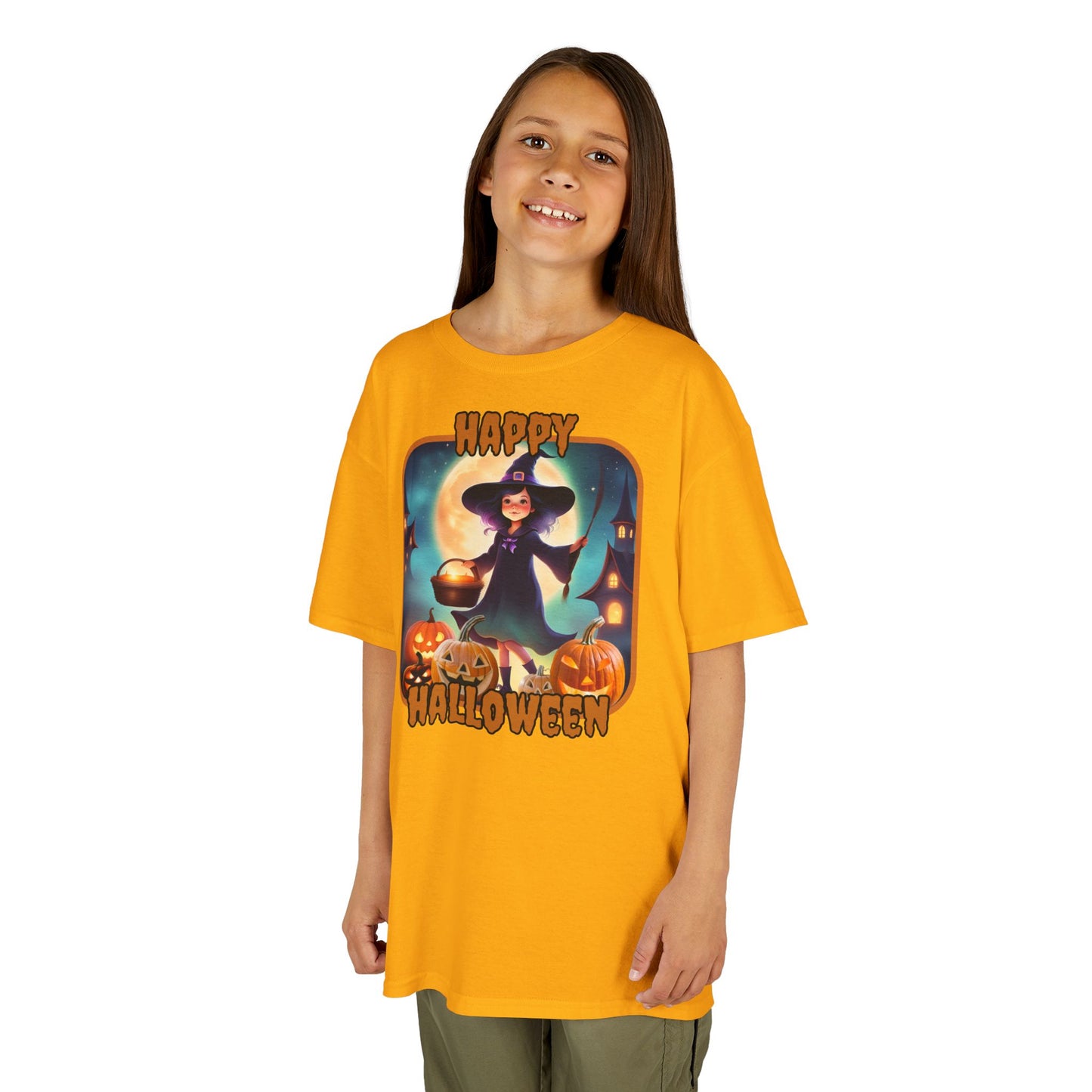 Happy Halloween Little Witch Orange font Kids Heavy Cotton™ Tee by CreepyCrafts.boo