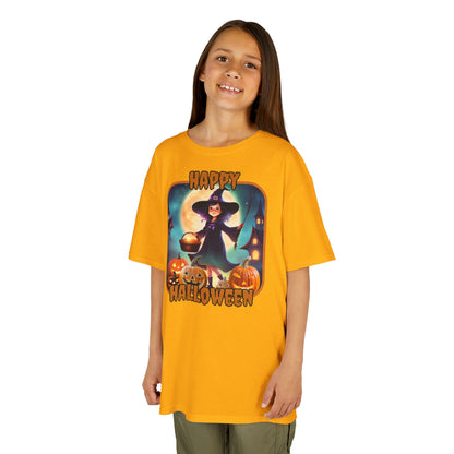 Happy Halloween Little Witch Orange font Kids Heavy Cotton™ Tee by CreepyCrafts.boo