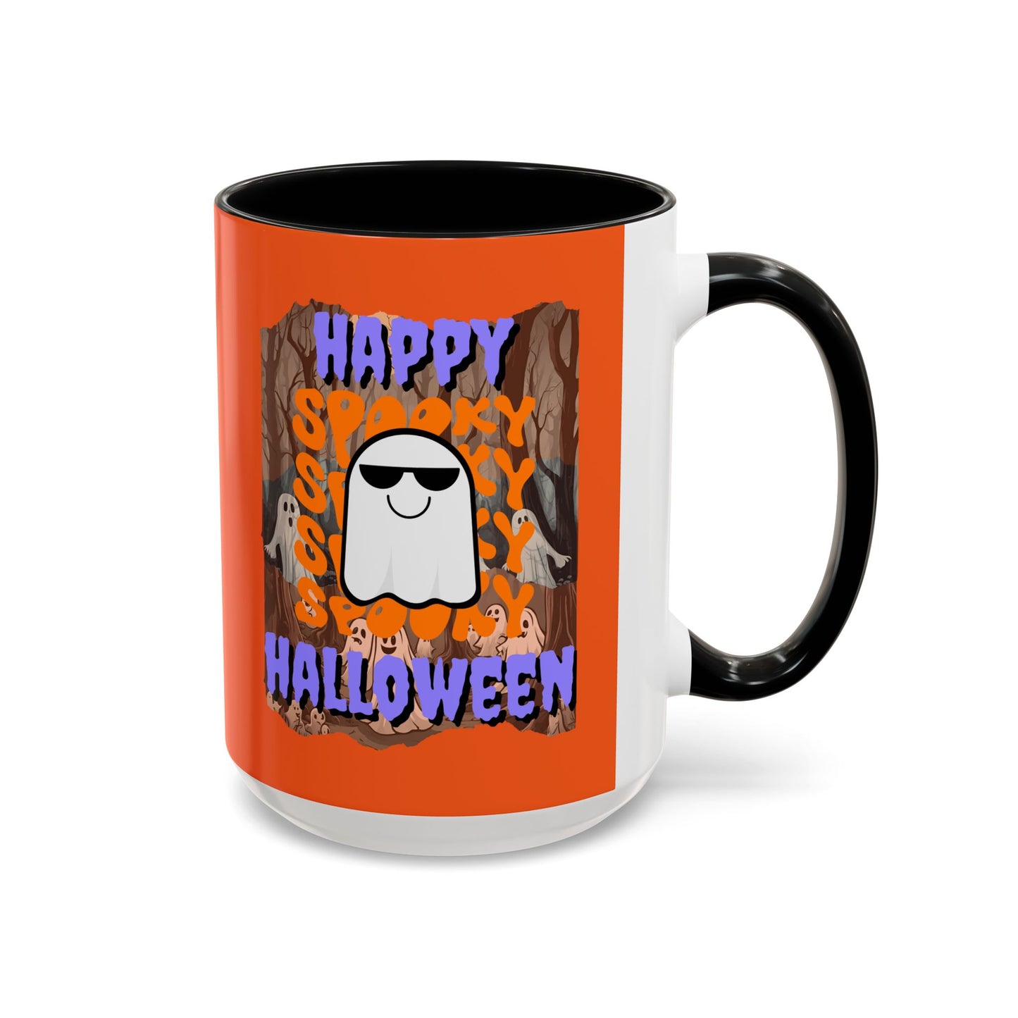 Spooky Happy Halloween Ghost Purple font Orange Accent Mug by CreepyCrafts.boo