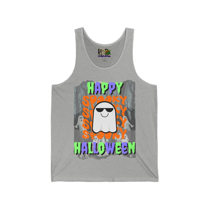 Spooky Happy Halloween Ghost Mixed font Unisex Jersey Tank Top by CreepyCrafts.boo