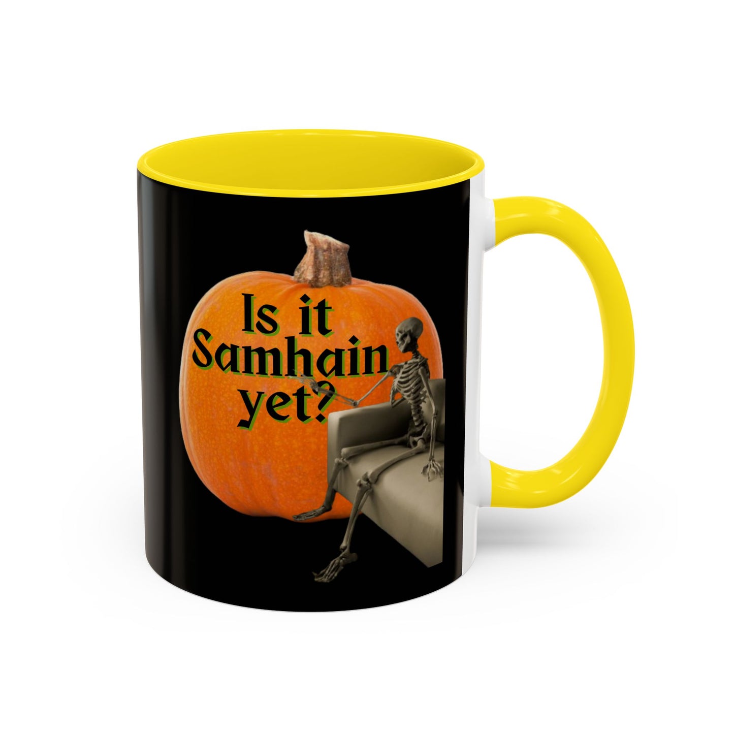 Is It Samhain Yet? Skeleton's Giant Pumpkin Black Accent Mug by CreepyCrafts.boo