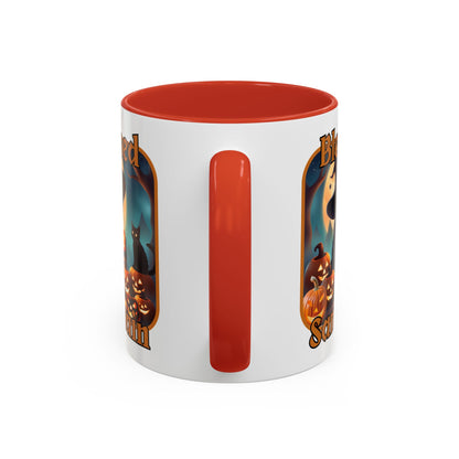 Blessed Samhain Cute Witch Orange font White Accent Mug by CreepyCrafts.boo