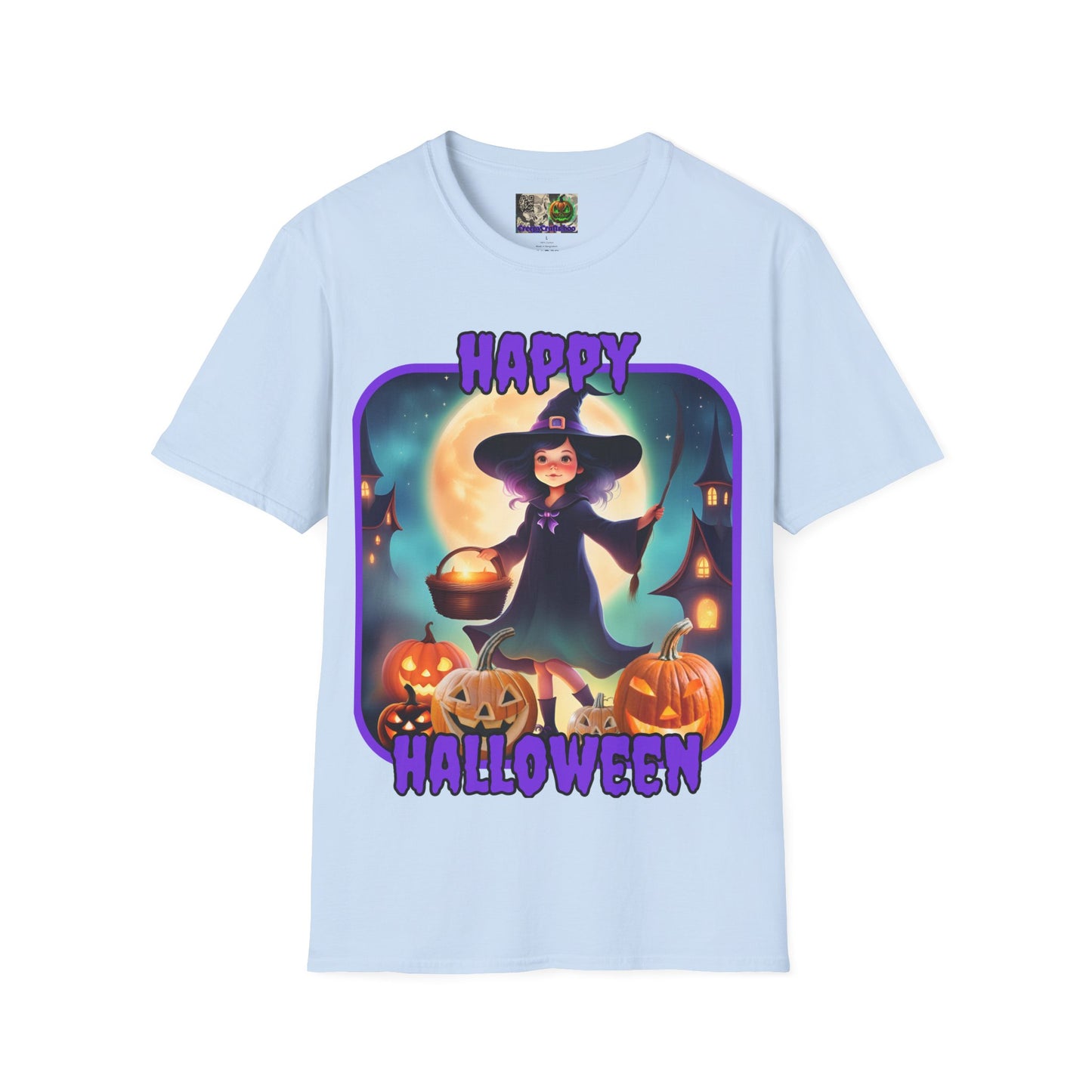 Happy Halloween Little Witch Purple font, Light colors, Unisex T-Shirt by CreepyCrafts.boo