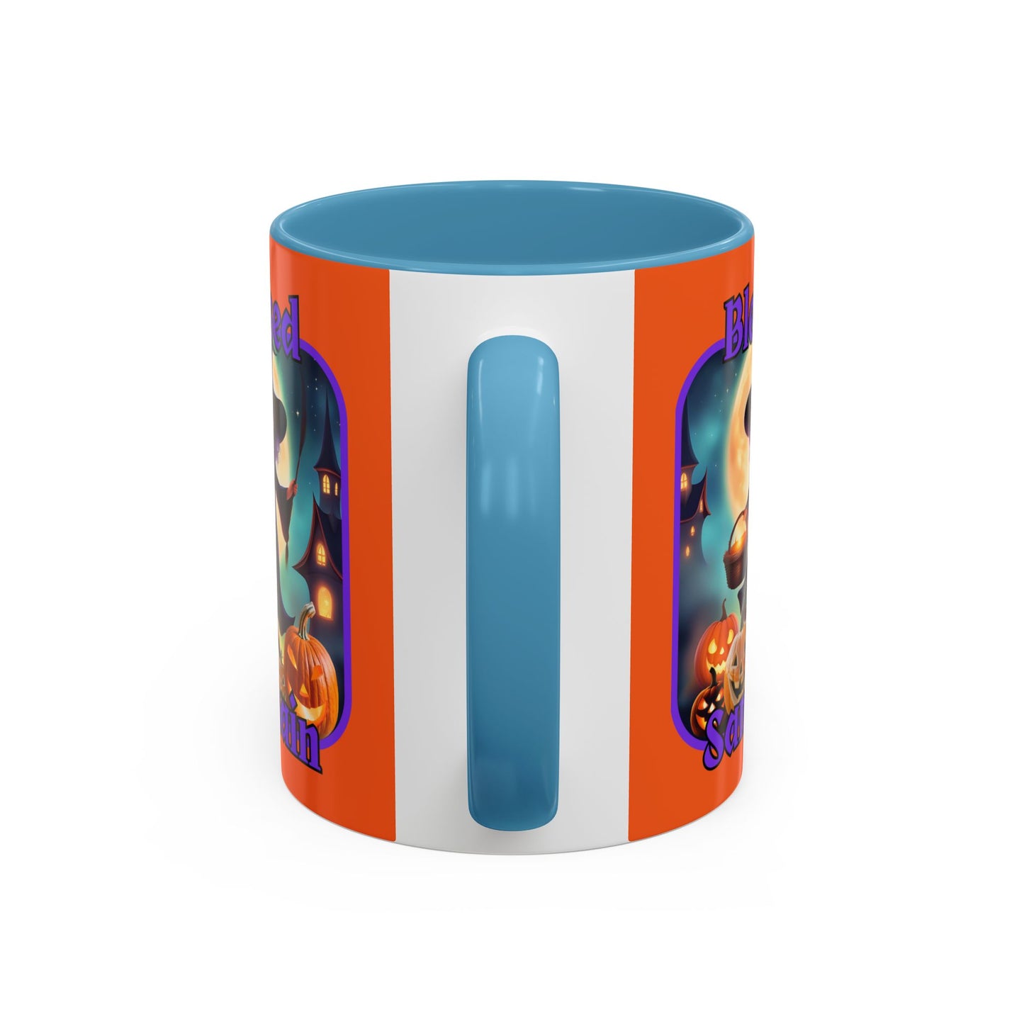 Blessed Samhain Little Witch Purple font Orange Accent Mug by CreepyCrafts.boo