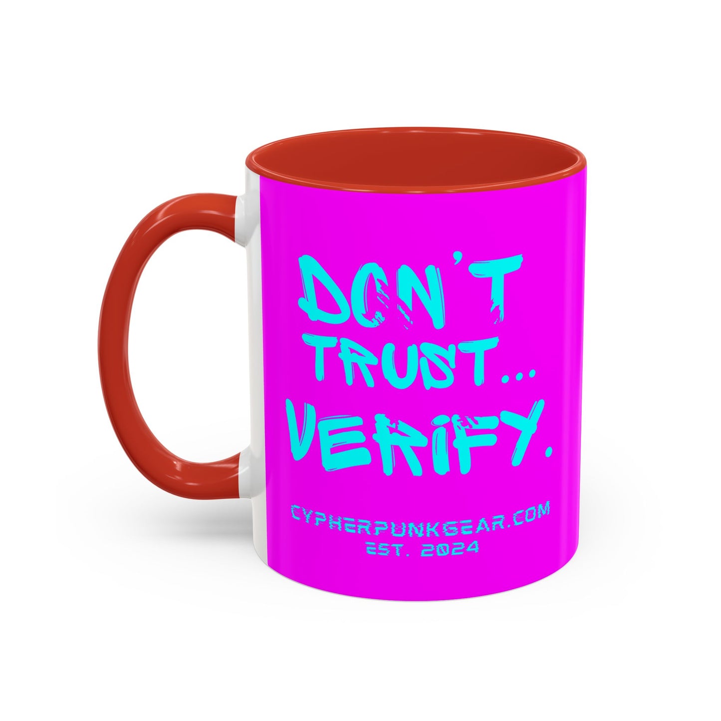 Don't Trust...Verify. Electric Magenta Accent Mug by cypherpunkgear.com