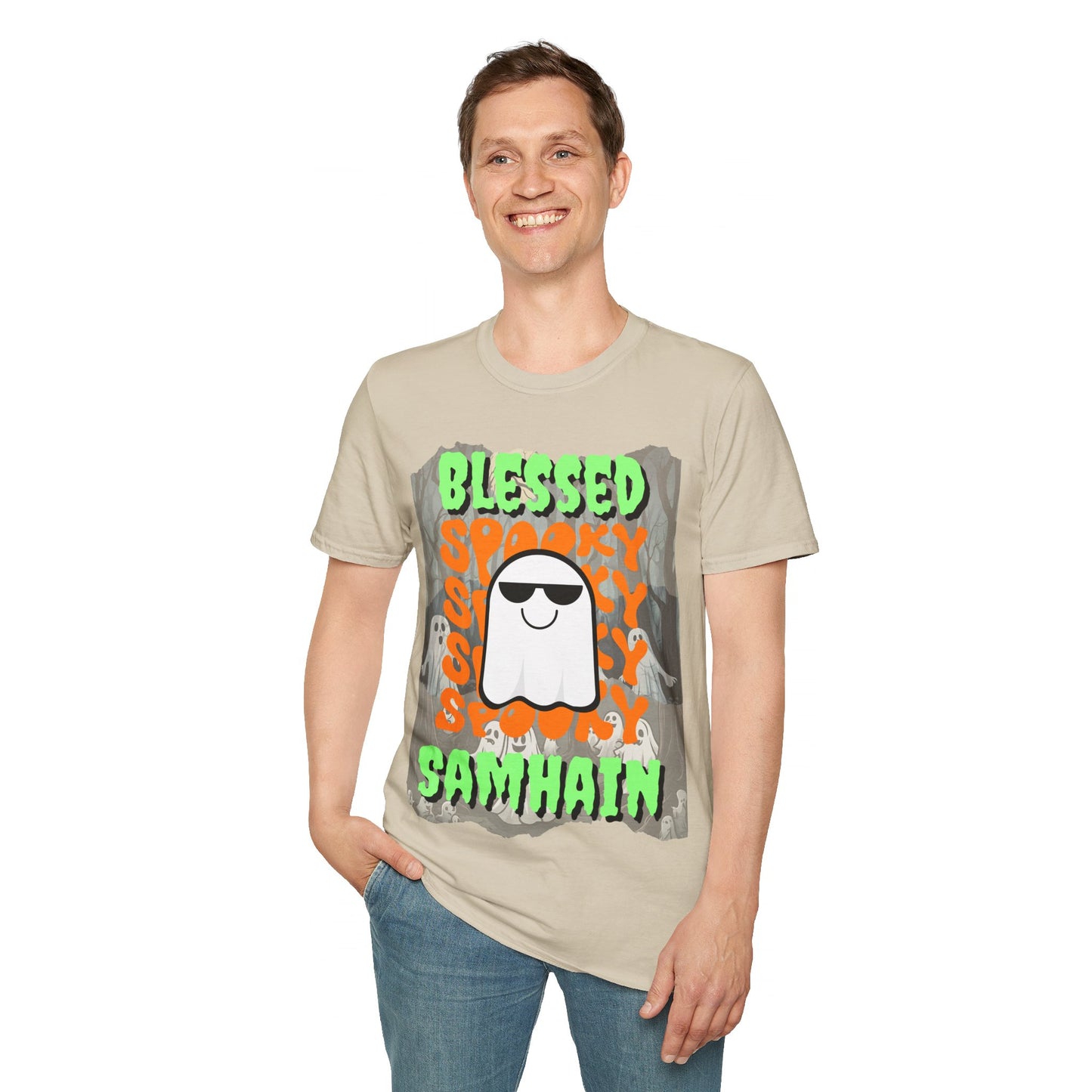 Spooky Blessed Samhain Ghost GNfont Unisex T-Shirt by cypherpunkgear