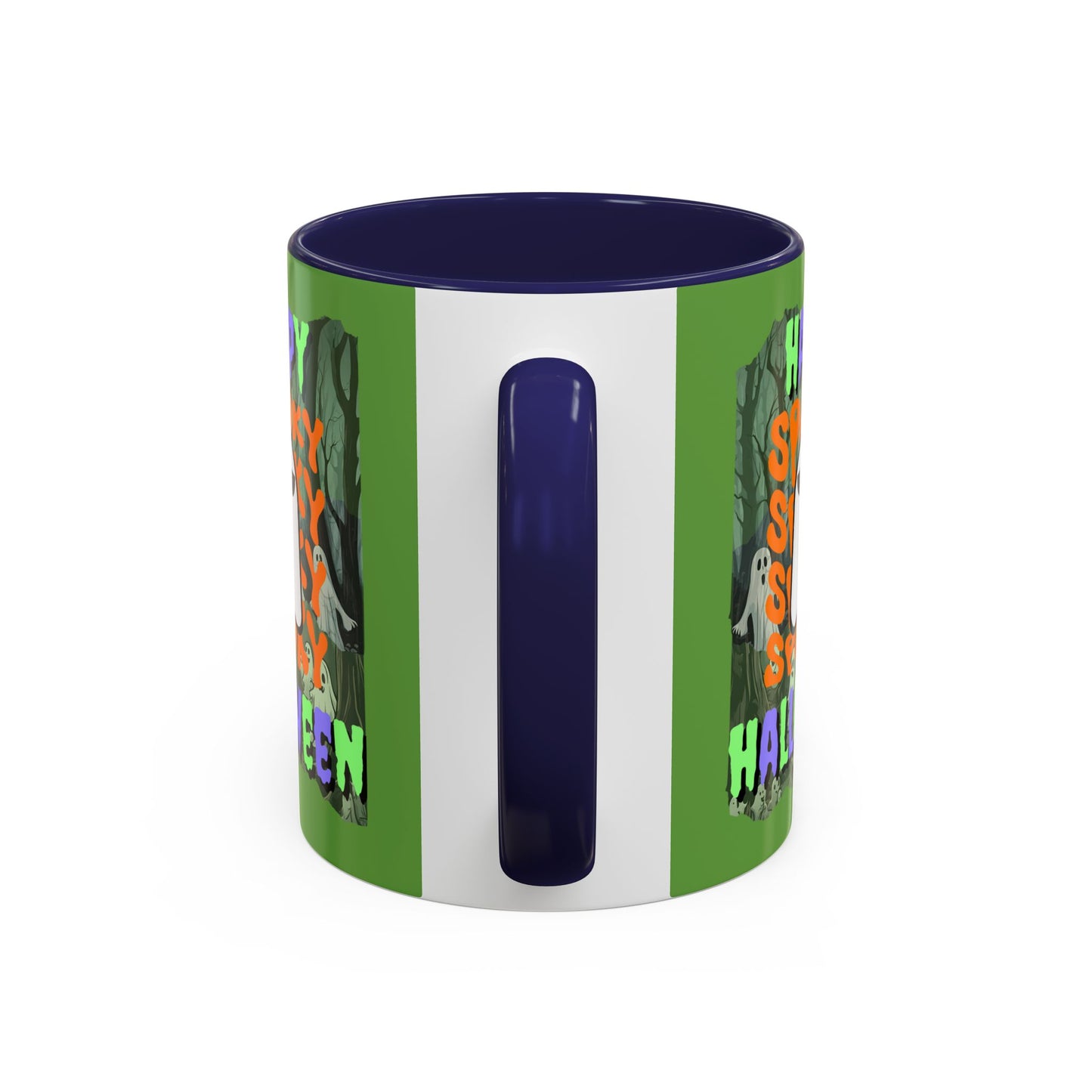 Spooky Happy Halloween Ghost Mixed font Green Accent Mug by CreepyCrafts.boo