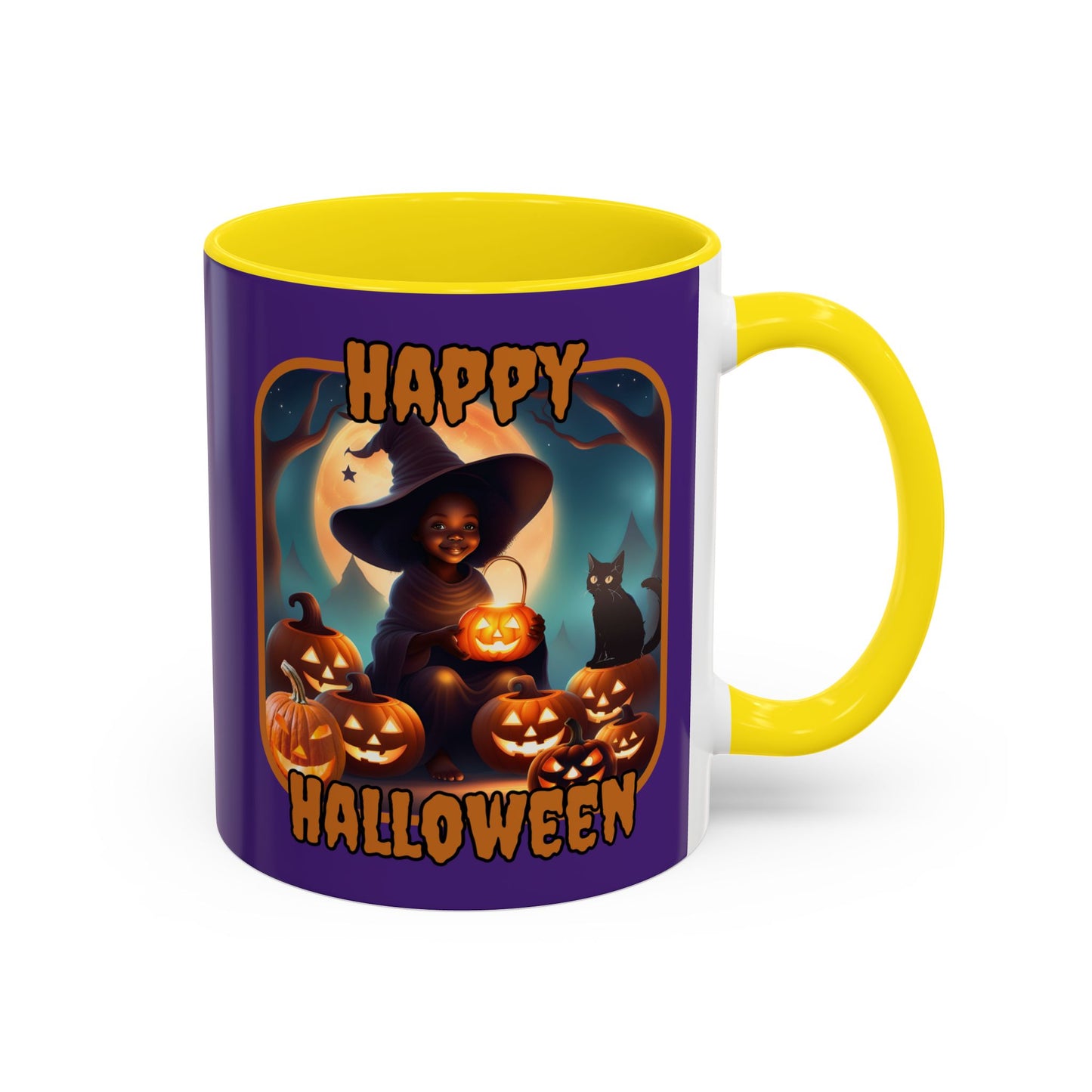 Happy Halloween Cute Witch Orange font Purple Accent Mug by CreepyCrafts.boo