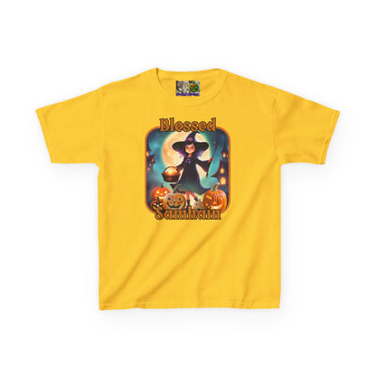 Blessed Samhain Little Witch Orange font Kids Heavy Cotton™ Tee by CreepyCrafts.boo