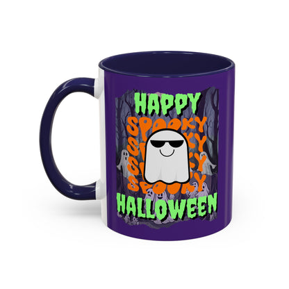 Spooky Happy Halloween Ghost Green font Purple Accent Mug by CreepyCrafts.boo