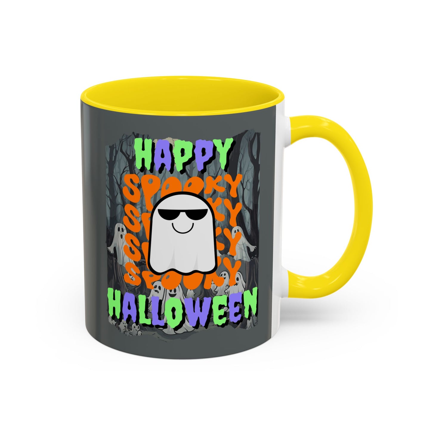 Spooky Happy Halloween Ghost Mixed font Grey Accent Mug by CreepyCrafts.boo