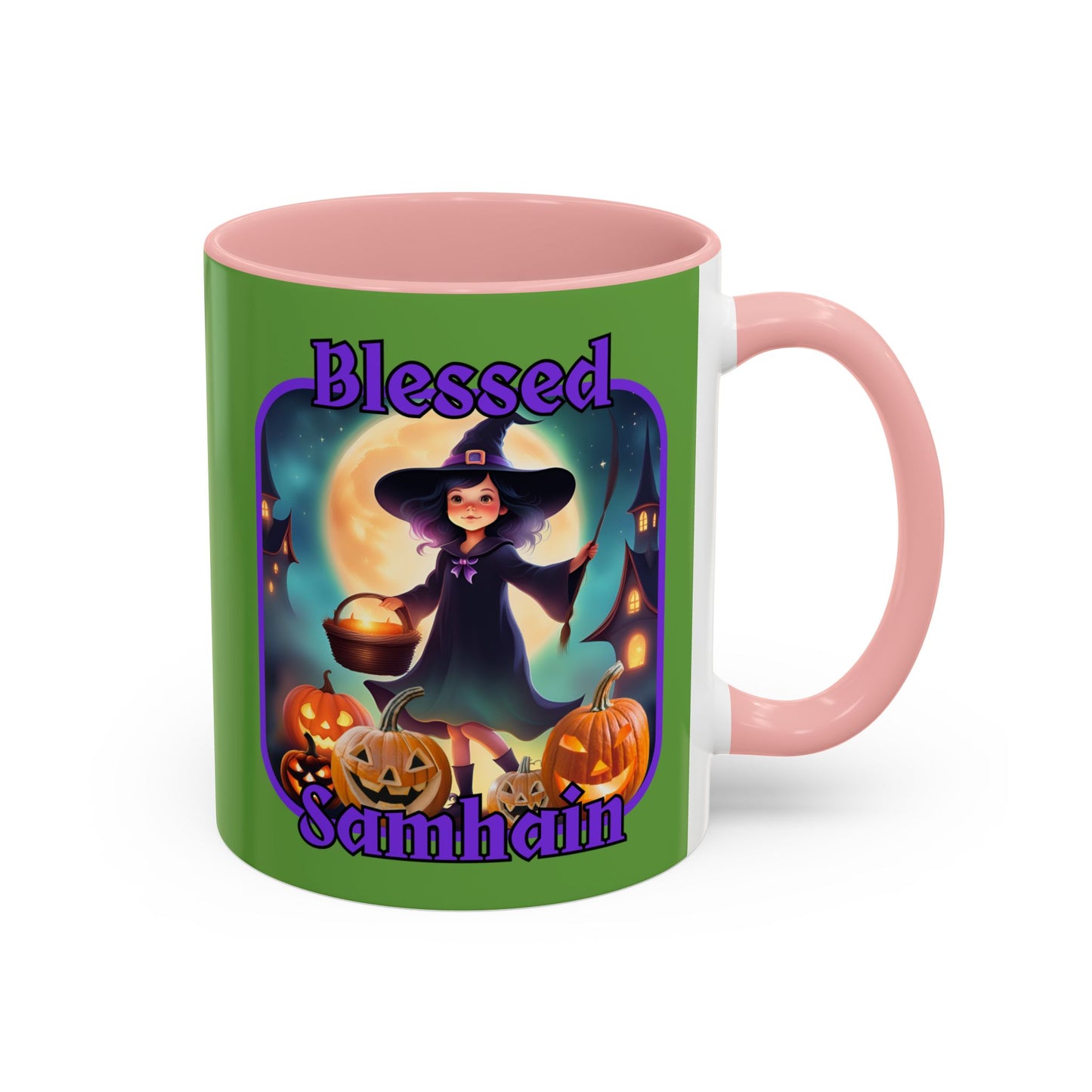 Blessed Samhain Little Witch Purple font Green Accent Mug by CreepyCrafts.boo
