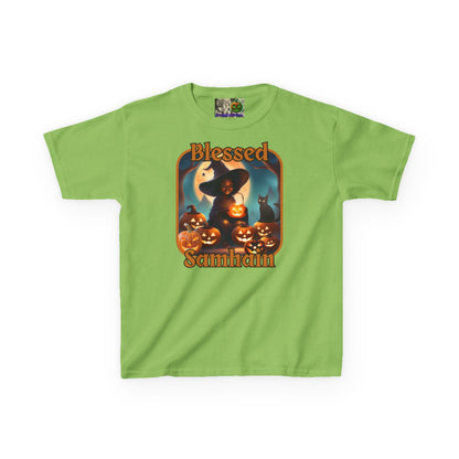 Blessed Samhain Cute Witch Orange font Kids Heavy Cotton™ Tee by CreepyCrafts.boo