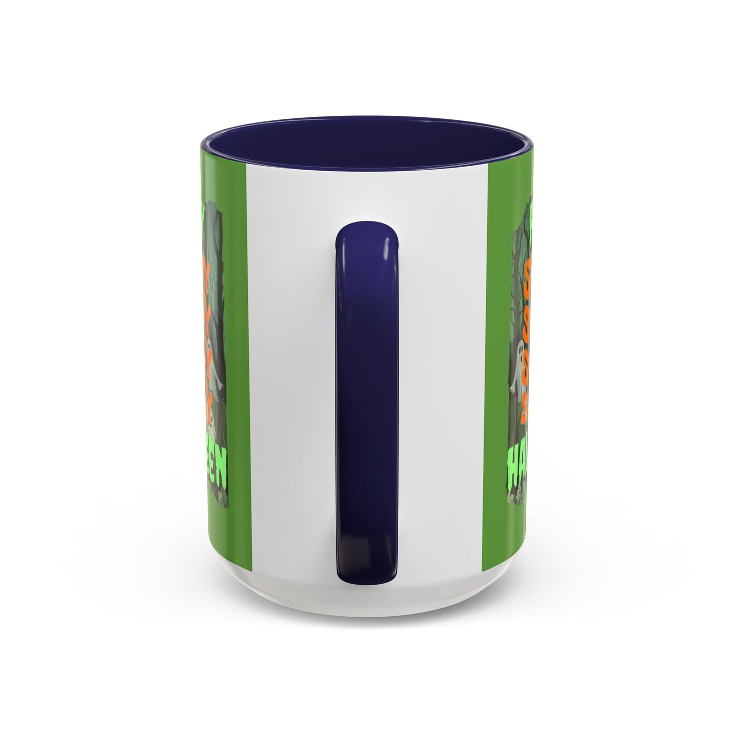 Spooky Happy Halloween Ghost Green font Green Accent Mug by CreepyCrafts.boo