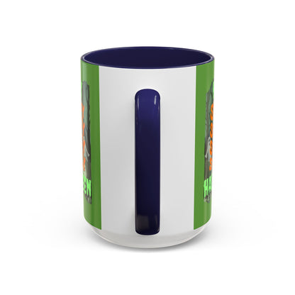 Spooky Happy Halloween Ghost Green font Green Accent Mug by CreepyCrafts.boo