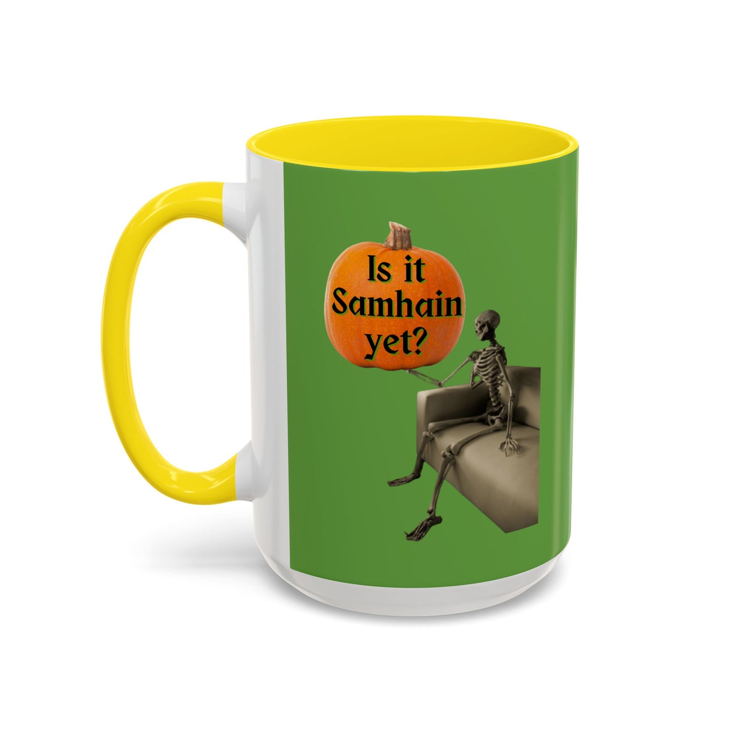 Is it Samhain yet? Skeleton's Pumpkin Green Accent Mug by CreepyCrafts.boo