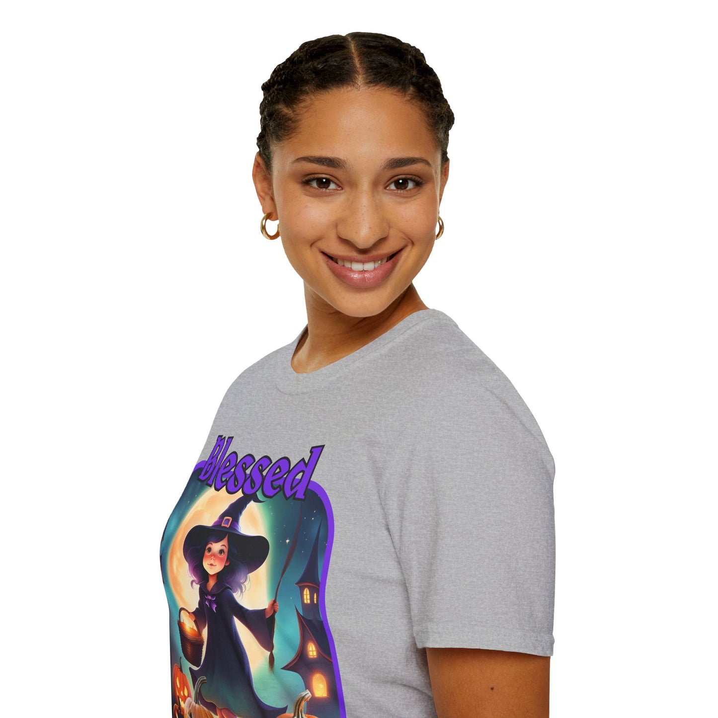 Blessed Samhain Little Witch Purple font Light colors Unisex T-Shirt by CreepyCrafts.boo