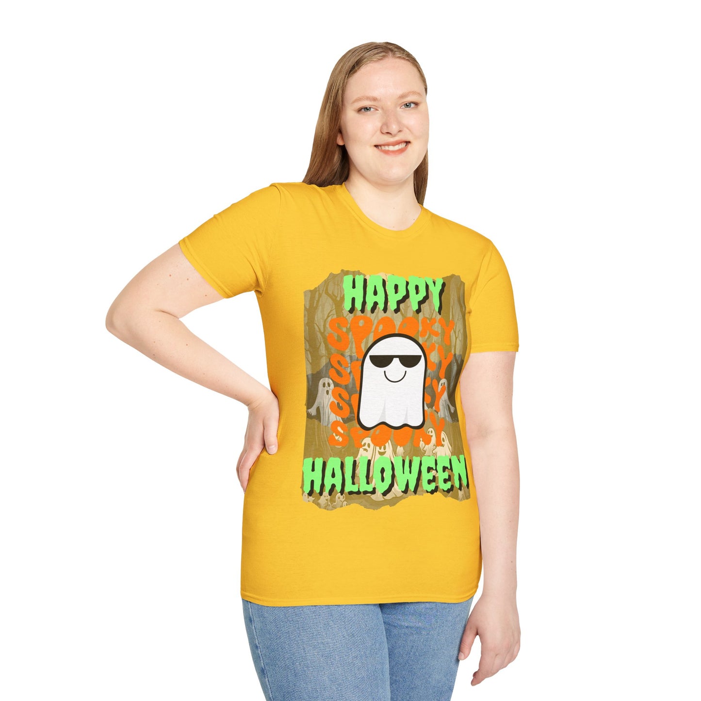 Spooky Happy Halloween Ghost Light colors Green font Unisex T-Shirt by CreepyCrafts.boo